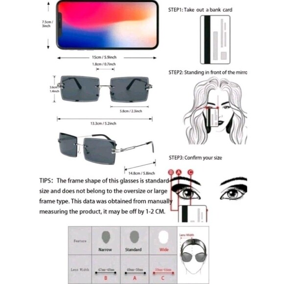 Rimless Square Sunglasses Brown Tint Unisex Metal Frame - Picture 9 of 9